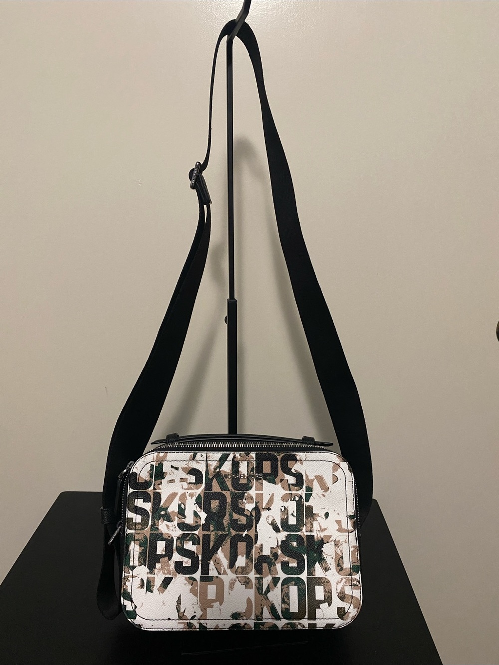 Michael Kors White Logo Print Crossbody with Black Strap and Tan Accents